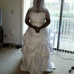 Wedding dress, veil, and sash