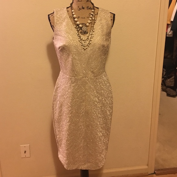 LOFT Cream/gold v-neck sheath dress
