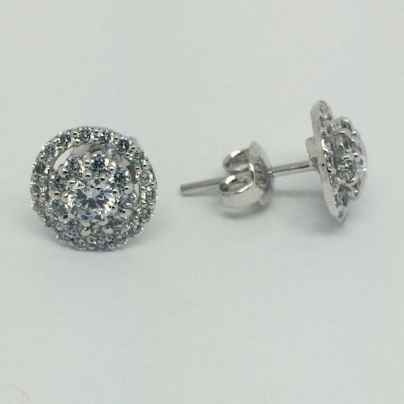 Sterling Silver Halo Cluster CZ Stud Earrings - Picture 1 of 3