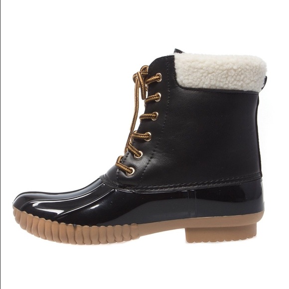Black Faux Shearling LaceUp Fashion Rain Duck Boot - Picture 2 of 4