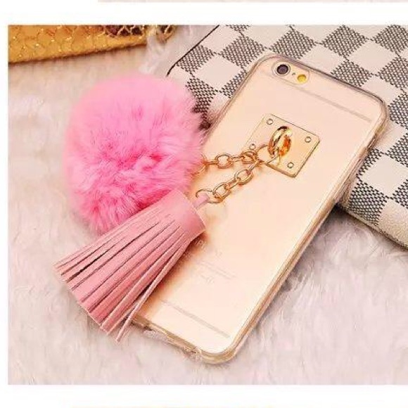 🌸 Pink iPhone 6/6s case Rabbit Fur Ball w/Tassle - Picture 1 of 2