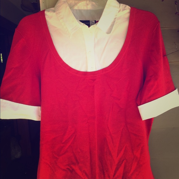 SAKS Fifth Avenue Red White V Neck Blouse Top XL