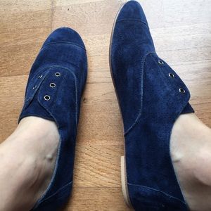 Blue suede slip on loafers