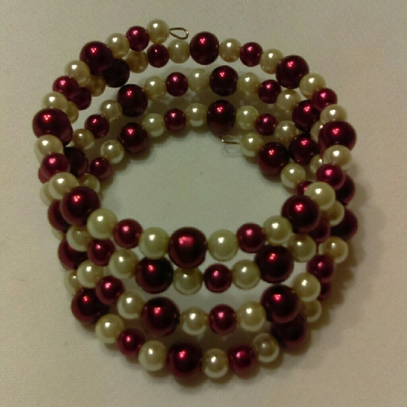 Handmade Memory Wire Bracelet Burgundy/White - Picture 2 of 4