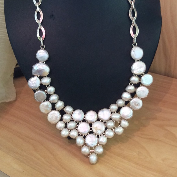Unique Pearl Crystal Silver Tone Statement Handmade Necklace Jewellery