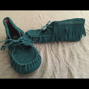 Brand new teal fringed moccasins