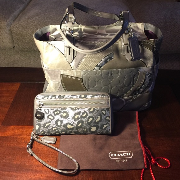 Gray Patchwork Coach Tote with Matching Zip Wallet