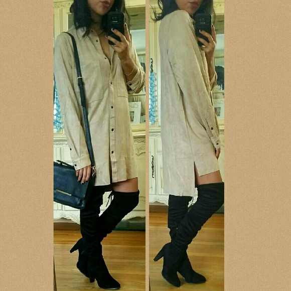 《••1 LEFT••》TAN FAUX SUEDE SHIRT DRESS - Picture 2 of 3