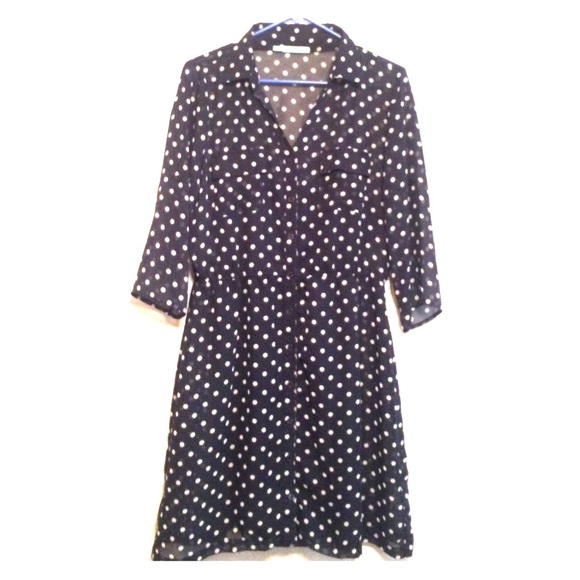 EUC button up Navy polka dot dress