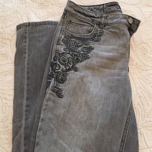 Gray flare, embroidered jeans