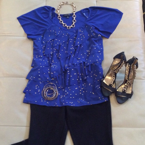 Royal blue ruffle front top.