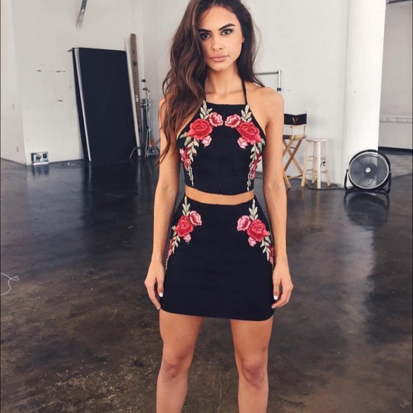 Black faux suede skirt with floral detail