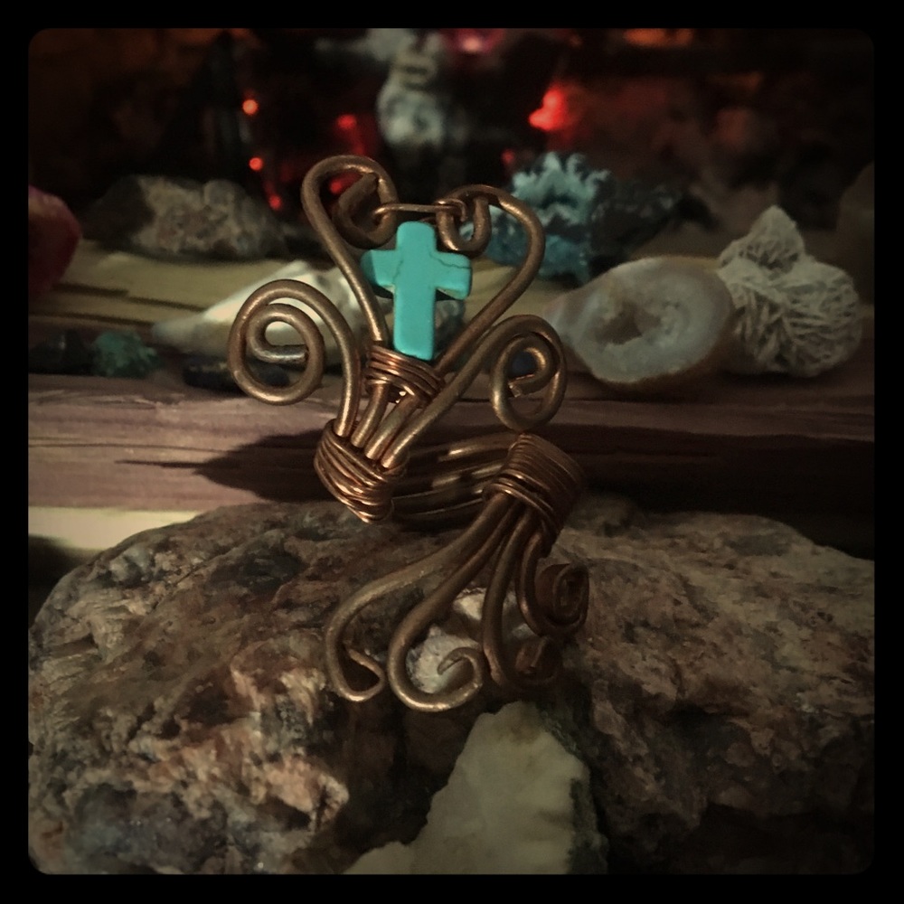Turquoise Cross Cooper Wire Adjustable Ring