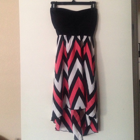 strapless black, white and coral pink dress