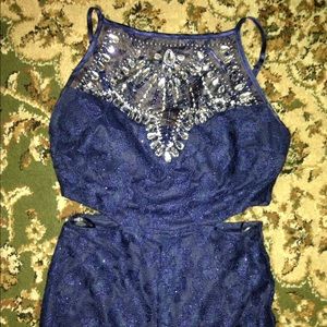 Long blue lace prom dress