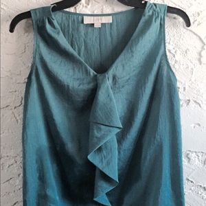 Loft Teal Ruffled Front Sleeveless Blouse