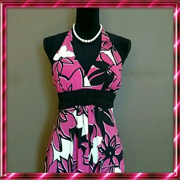Pink & Black Floral Halter Dress