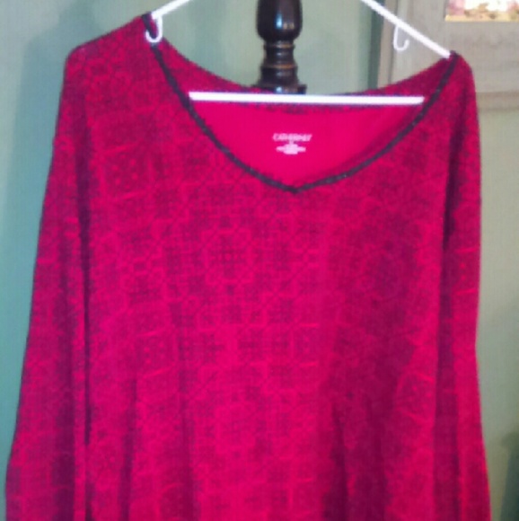 Catherines Red tunic w/black design & trim.
