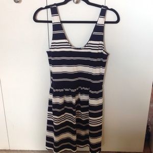 JCrew white & navy striped dress w/ button back