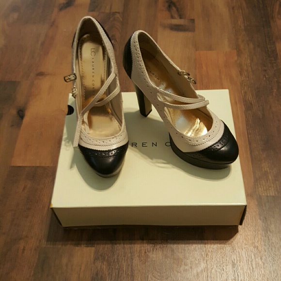 Cream and white double strap chunky heel mary jane