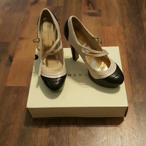 Cream and white double strap chunky heel mary jane