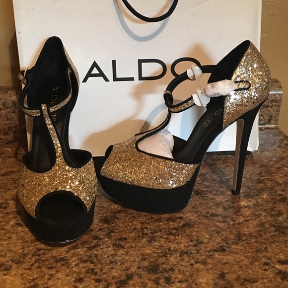Gold and Black T Strap Platform Heels