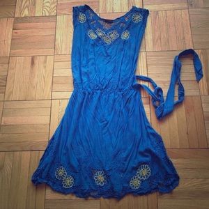 Vintage blue and gold crochet embroidered dress