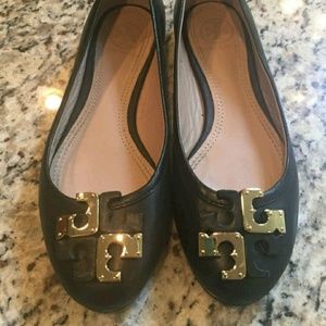 Tory Burch Black leather Lowell flats with gold.