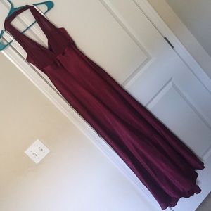 David's Bridal Long Satin Dress w/ Illusion Halter