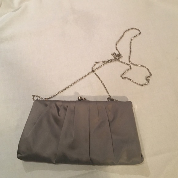Gray satin bag w/silver clasp and cross body strap