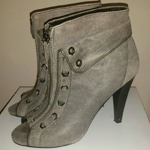 Gray Faux Suede Peep Toe Ankle Boots