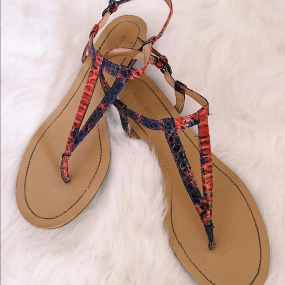 purple and orange snake skin sandals. nude sole.