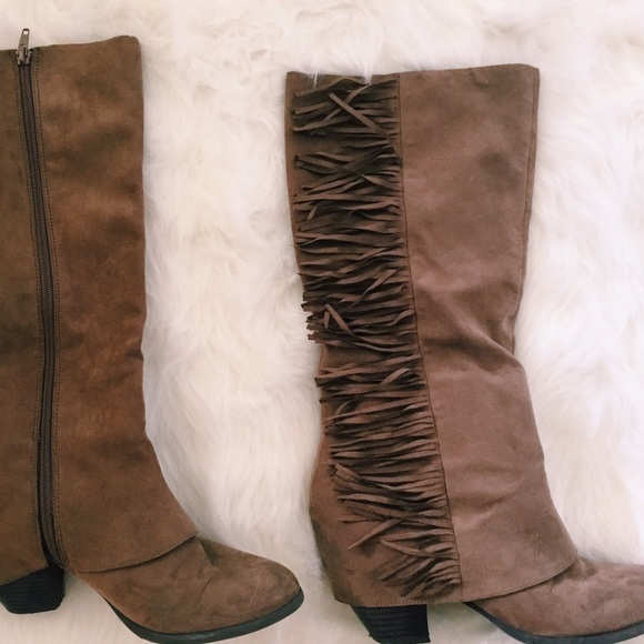 below the knee taupe fringe boots.