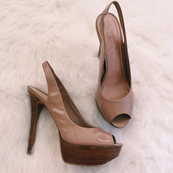 nude patent peep toe stilettos.