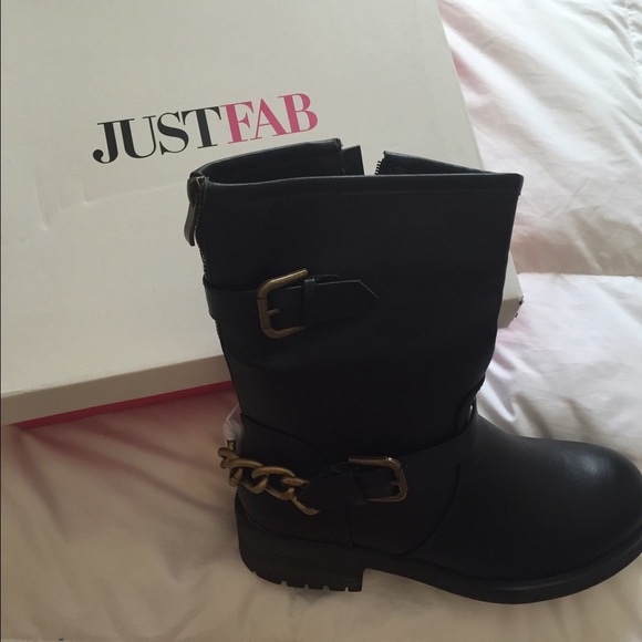 JustFab black moto boots with gold chain