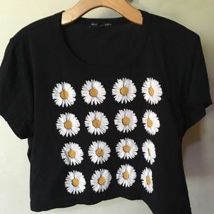 Black crop top with daisy flowers size large