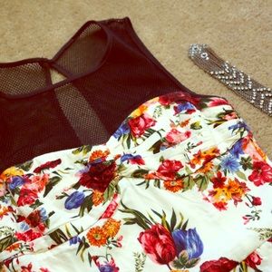 Peplum Floral Mini Dress w/ Mesh Neckline