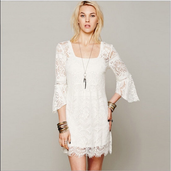 Free People Hippie Bell Sleeve White Lace Dress - Picture 1 of 4