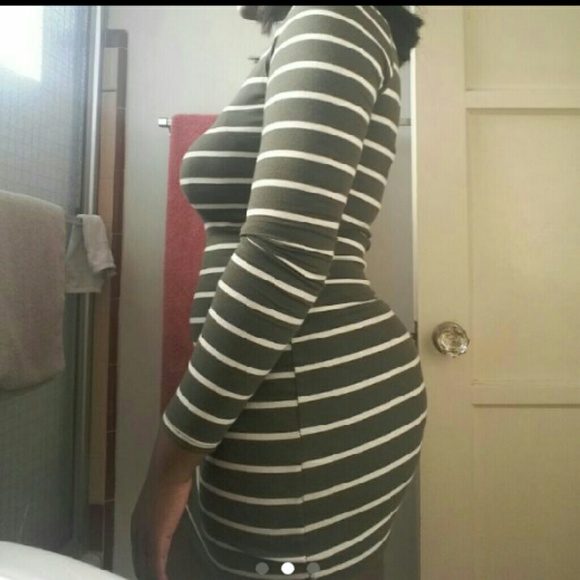 Olive Green and White Striped Dress - Picture 2 of 3