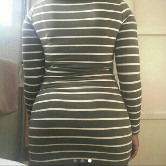 Olive Green and White Striped Dress - Picture 3 of 3