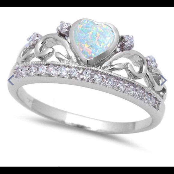 Sterling Silver Heart Opal Royal Crown Cz Ring