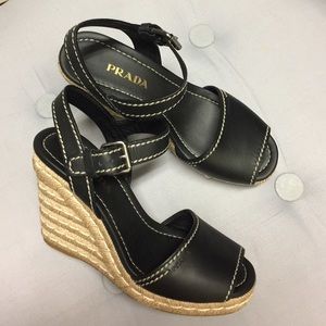 Prada Leather Espadrille Wedge Sandal