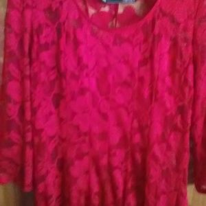 Red lace dress with pleated skirt,a flattering fit