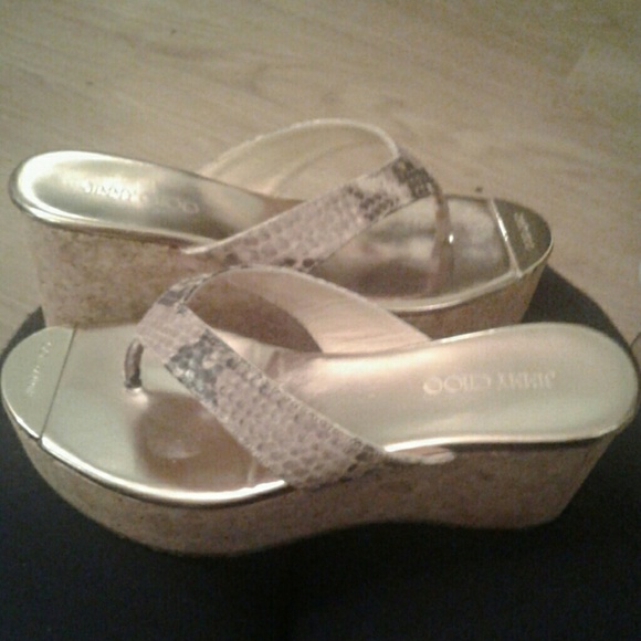 Jimmy Choo gold and snake skin flip flop wedges