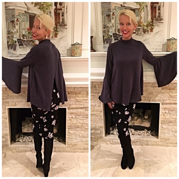 Charcoal MOCK NECK BELL-SLEEVE TULIP BACK KNIT TOP - Picture 3 of 4