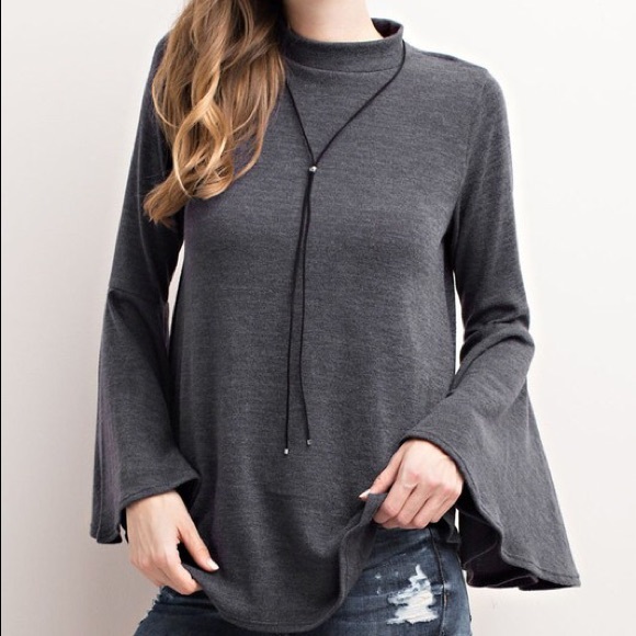 Charcoal MOCK NECK BELL-SLEEVE TULIP BACK KNIT TOP - Picture 4 of 4