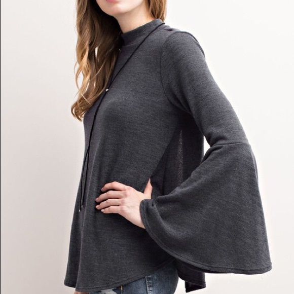 Charcoal MOCK NECK BELL-SLEEVE TULIP BACK KNIT TOP - Picture 2 of 4
