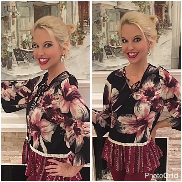 Tops - Stunning floral black and deep burgundy blouse!