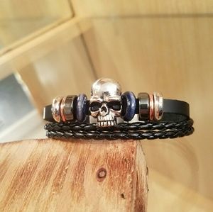 Leather skull bracelet multi-strand
