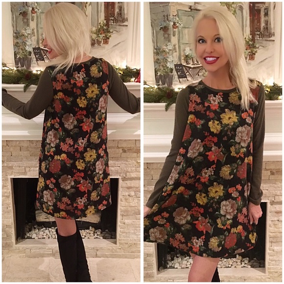 Stunning olive/black floral warm dress w/pockets💋 - Picture 2 of 2